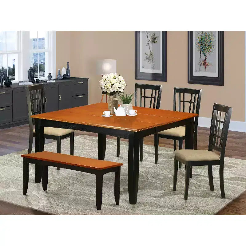 HomeStock 6-Piece Square Black & Cherry Finish Solid Wood Top dining Table with 1-Bench and 4-Chairs