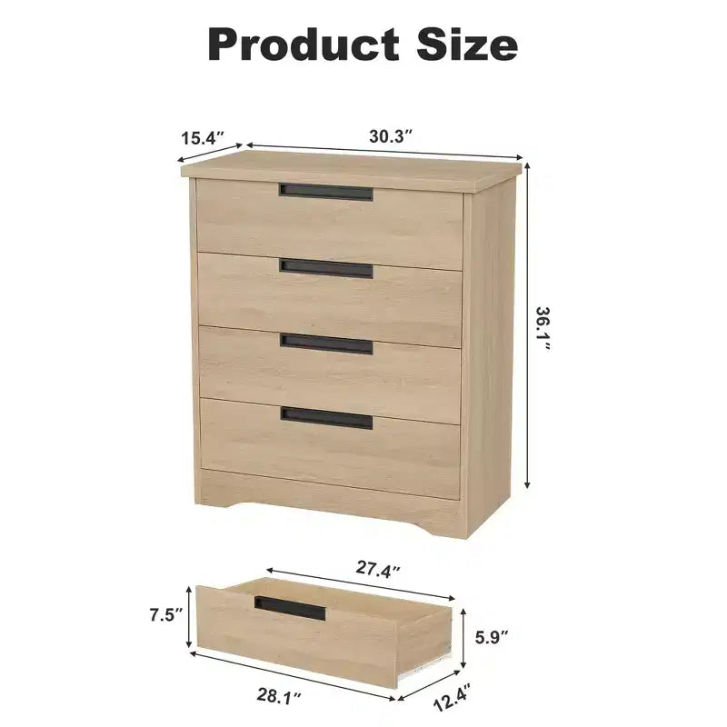 Commode moderne à 4 tiroirs COZONY avec poignées encastrées, meuble de rangement en bois pour chambre, salon ou chambre d'enfant
