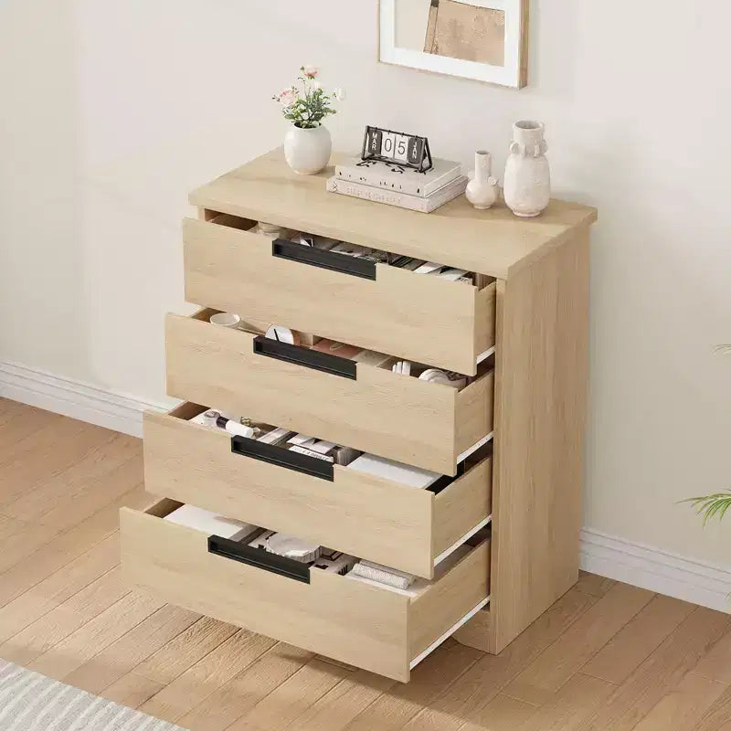 Commode moderne à 4 tiroirs COZONY avec poignées encastrées, meuble de rangement en bois pour chambre, salon ou chambre d'enfant