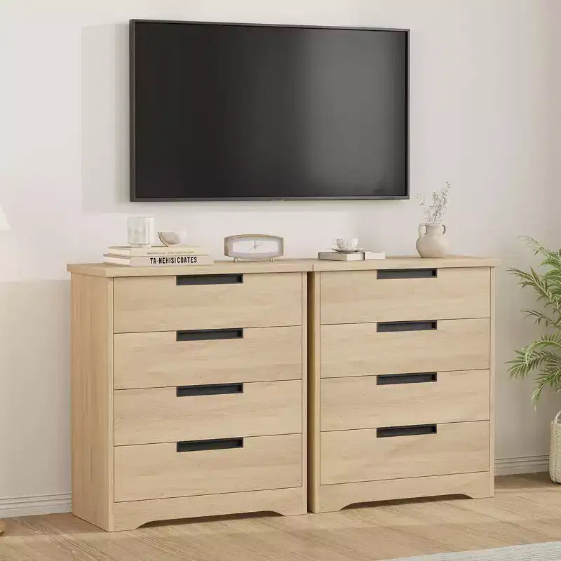 Commode moderne à 4 tiroirs COZONY avec poignées encastrées, meuble de rangement en bois pour chambre, salon ou chambre d'enfant