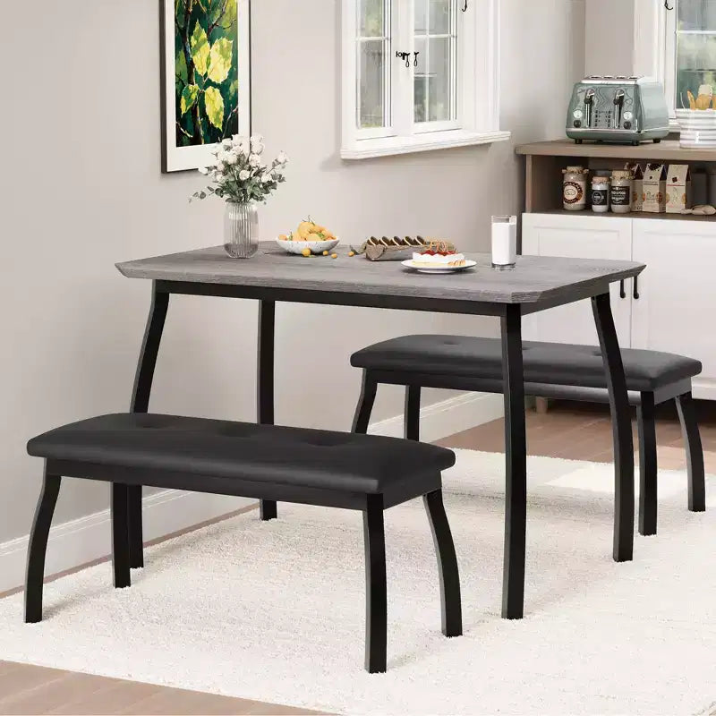 Bench-Style Dining Table Set Wooden dining table with 2 benches 4-6 person dining table and chair set Suitable for kitchens, apartments, and studios