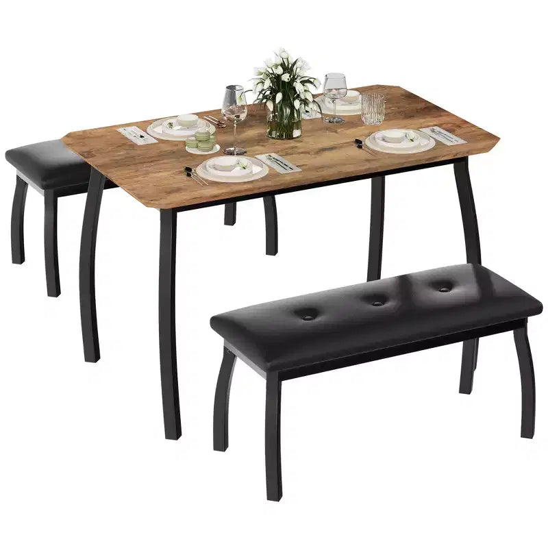 Bench-Style Dining Table Set Wooden dining table with 2 benches 4-6 person dining table and chair set Suitable for kitchens, apartments, and studios
