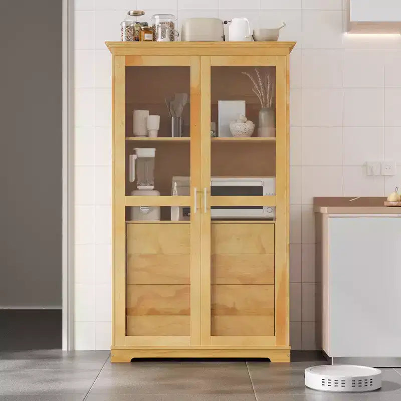 TOPMAX 44.7x20x75inch Kitchen Pantry, Freestanding Kitchen Storage Cabinet Display Cabinet with Glass Doors and 4 Built-in Drawers for Living Room