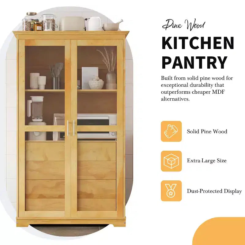 TOPMAX 44.7x20x75inch Kitchen Pantry, Freestanding Kitchen Storage Cabinet Display Cabinet with Glass Doors and 4 Built-in Drawers for Living Room