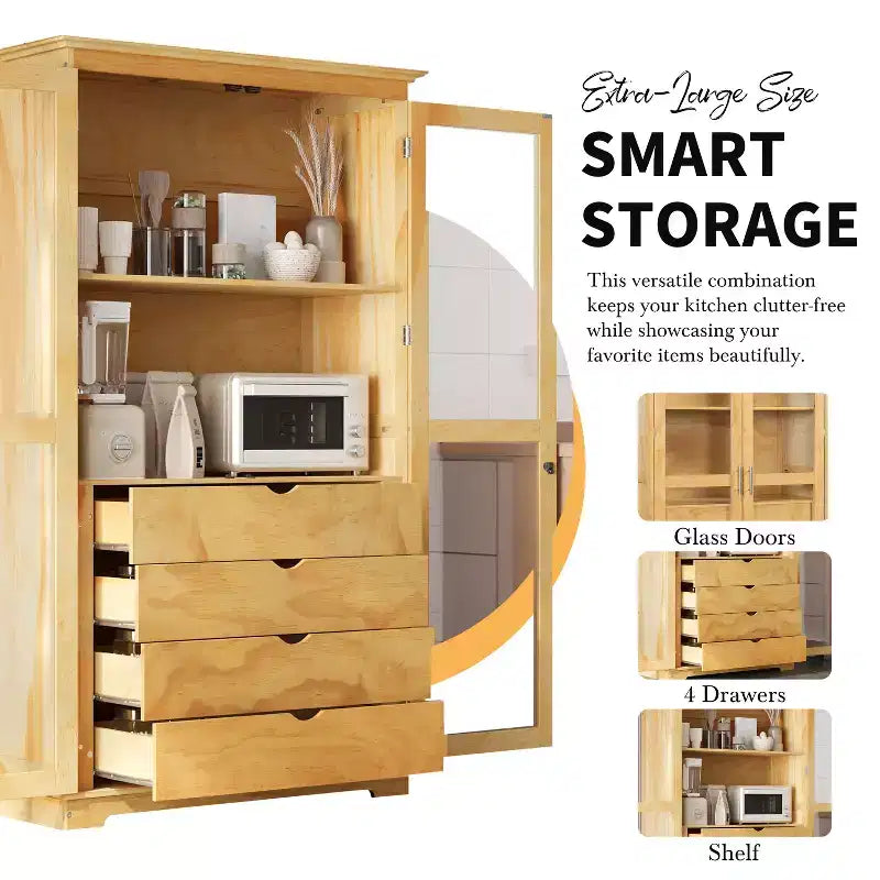 TOPMAX 44.7x20x75inch Kitchen Pantry, Freestanding Kitchen Storage Cabinet Display Cabinet with Glass Doors and 4 Built-in Drawers for Living Room
