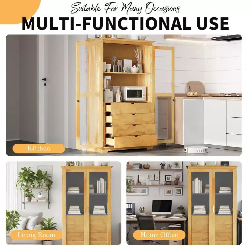 TOPMAX 44.7x20x75inch Kitchen Pantry, Freestanding Kitchen Storage Cabinet Display Cabinet with Glass Doors and 4 Built-in Drawers for Living Room