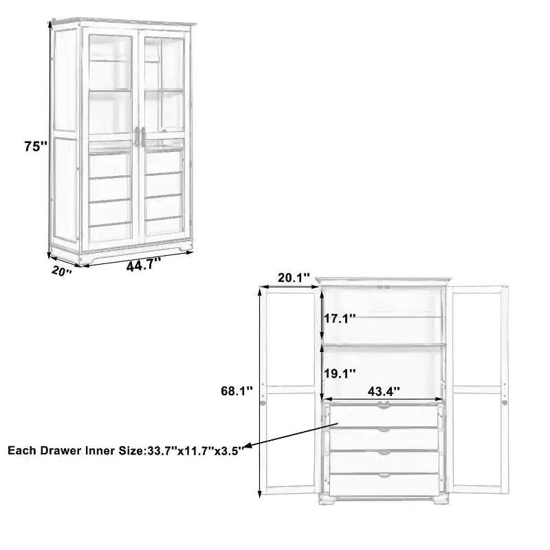 TOPMAX 44.7x20x75inch Kitchen Pantry, Freestanding Kitchen Storage Cabinet Display Cabinet with Glass Doors and 4 Built-in Drawers for Living Room