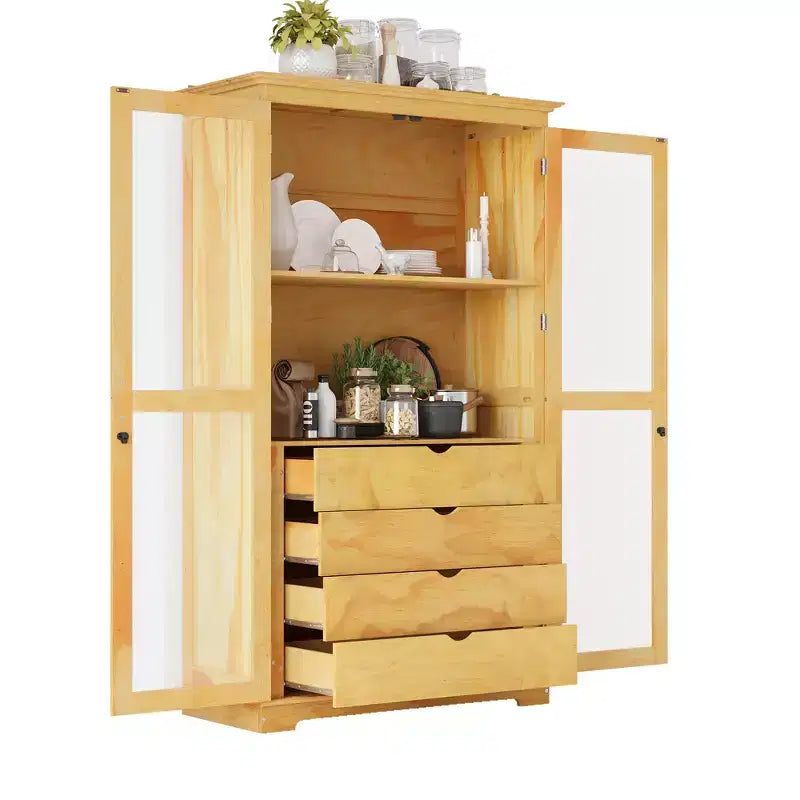 TOPMAX 44.7x20x75inch Kitchen Pantry, Freestanding Kitchen Storage Cabinet Display Cabinet with Glass Doors and 4 Built-in Drawers for Living Room