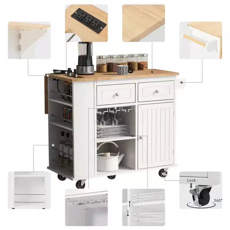 PexFix 39,8 po L x 33,7 po H Îlot de cuisine avec abattant, casier à vin et rangement réglable, blanc