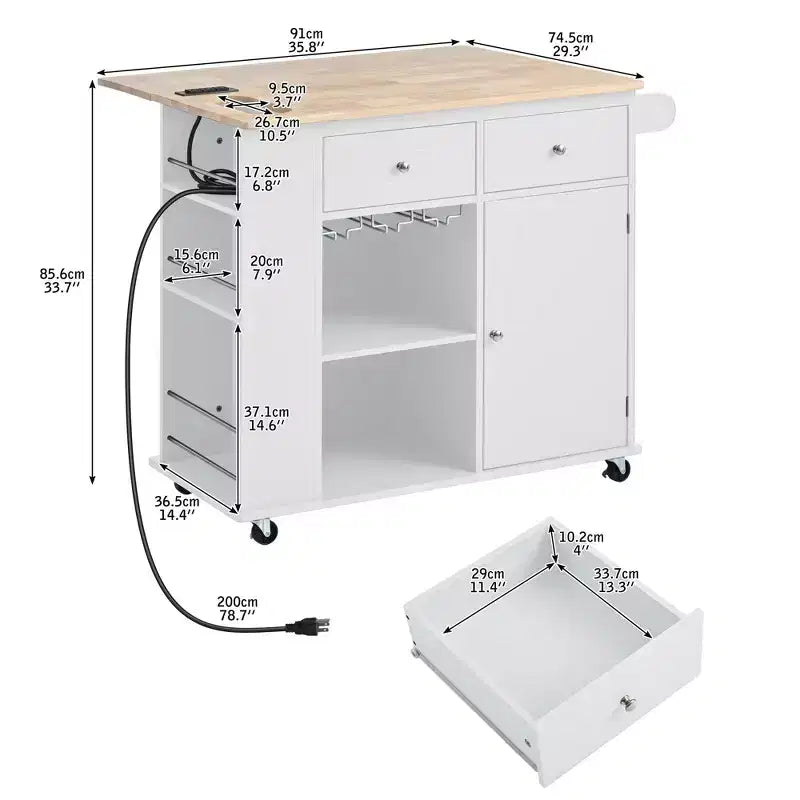 PexFix 39,8 po L x 33,7 po H Îlot de cuisine avec abattant, casier à vin et rangement réglable, blanc