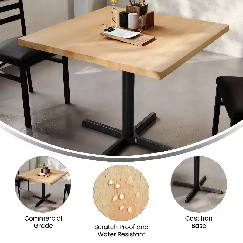 Flash Furniture Bennett Dessus de table commercial carré en bois massif avec pied en X en fonte résistant à la rouille de 76,2 x 76,2 cm pour table à manger