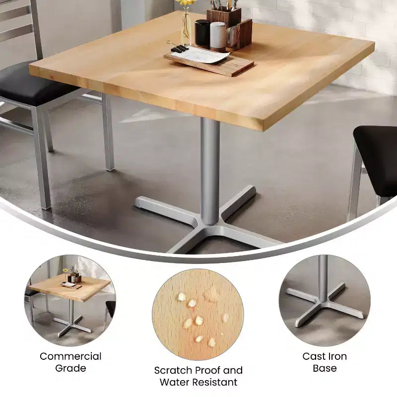 Flash Furniture Bennett Dessus de table commercial carré en bois massif avec pied en X en fonte résistant à la rouille de 76,2 x 76,2 cm pour table à manger