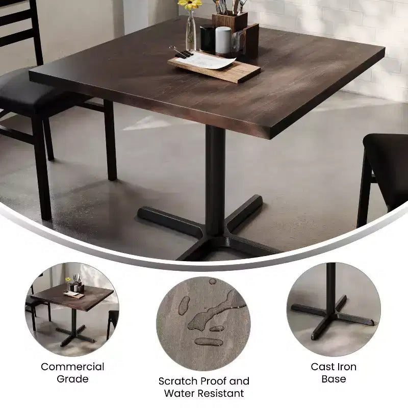 Flash Furniture Bennett Dessus de table commercial carré en bois massif avec pied en X en fonte résistant à la rouille de 76,2 x 76,2 cm pour table à manger