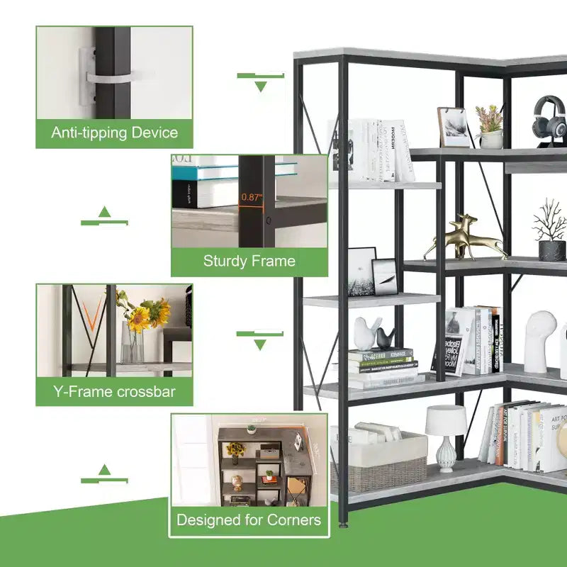 Celebalcony 5 Tiers Corner Bookshelf, 70.86 Tall L-Shaped Bookcase, Corner Shelf Display Storage Rack with Metal Frame for Living Room Home Office