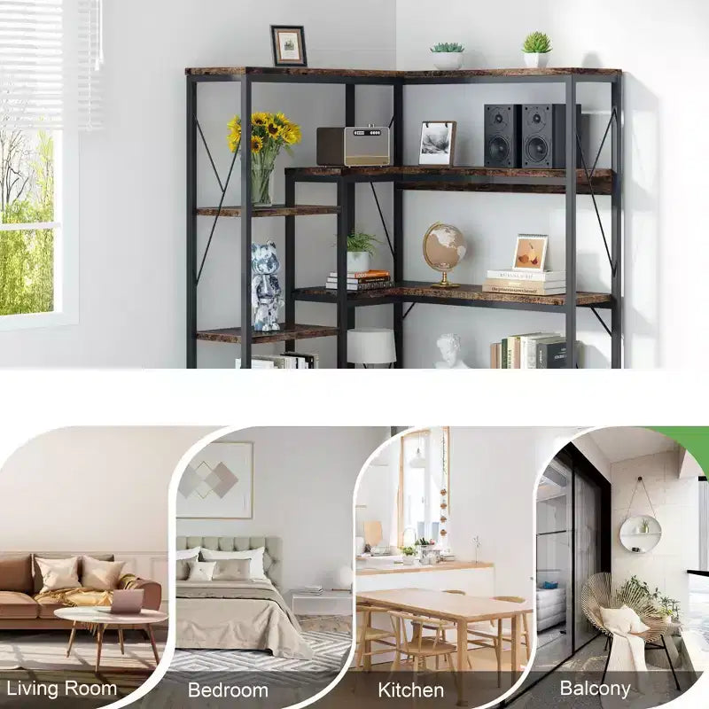 Celebalcony 5 Tiers Corner Bookshelf, 70.86 Tall L-Shaped Bookcase, Corner Shelf Display Storage Rack with Metal Frame for Living Room Home Office