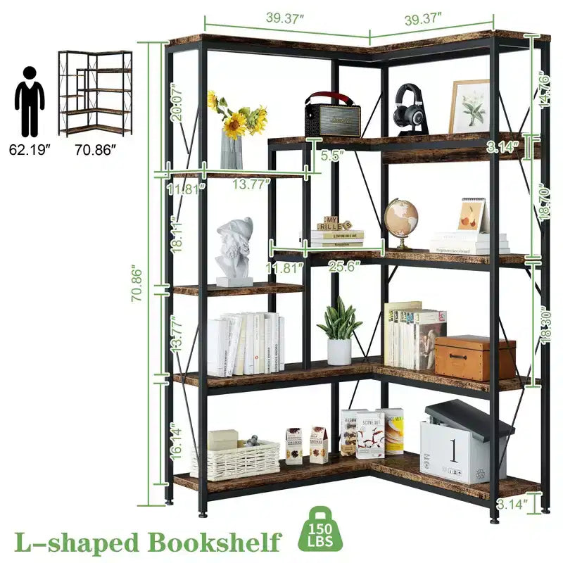 Celebalcony 5 Tiers Corner Bookshelf, 70.86 Tall L-Shaped Bookcase, Corner Shelf Display Storage Rack with Metal Frame for Living Room Home Office