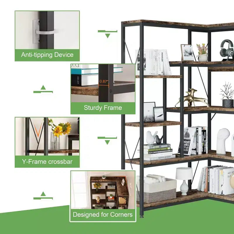 Celebalcony 5 Tiers Corner Bookshelf, 70.86 Tall L-Shaped Bookcase, Corner Shelf Display Storage Rack with Metal Frame for Living Room Home Office