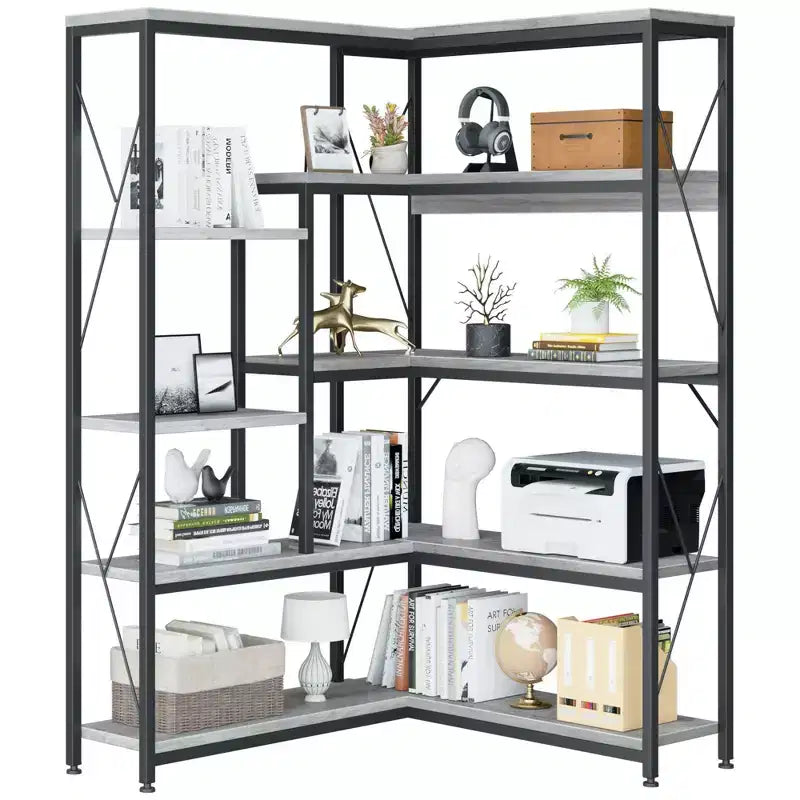 Celebalcony 5 Tiers Corner Bookshelf, 70.86 Tall L-Shaped Bookcase, Corner Shelf Display Storage Rack with Metal Frame for Living Room Home Office