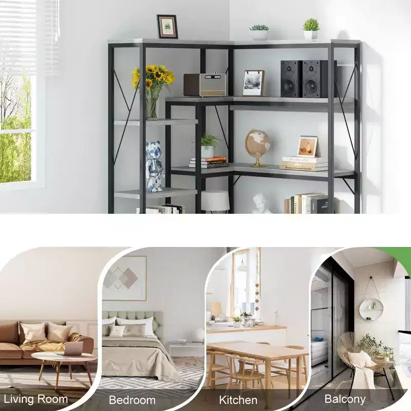 Celebalcony 5 Tiers Corner Bookshelf, 70.86 Tall L-Shaped Bookcase, Corner Shelf Display Storage Rack with Metal Frame for Living Room Home Office