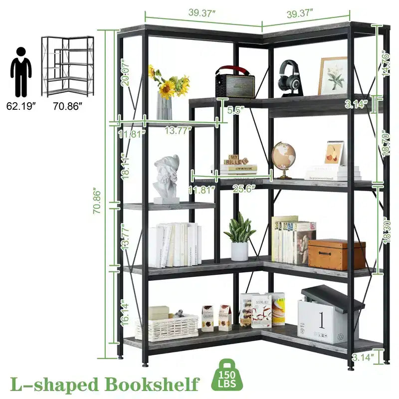 Celebalcony 5 Tiers Corner Bookshelf, 70.86 Tall L-Shaped Bookcase, Corner Shelf Display Storage Rack with Metal Frame for Living Room Home Office