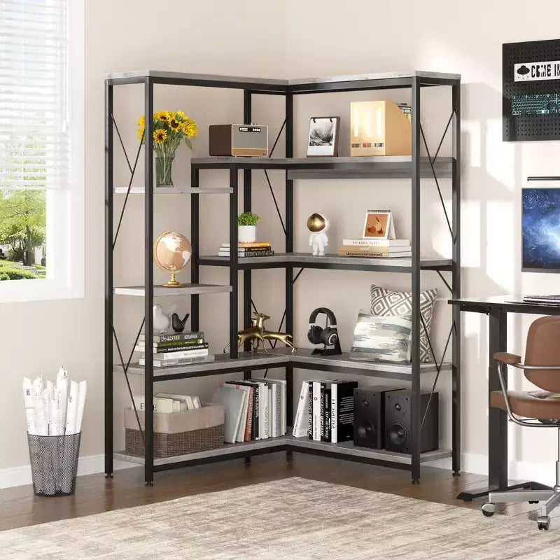Celebalcony 5 Tiers Corner Bookshelf, 70.86 Tall L-Shaped Bookcase, Corner Shelf Display Storage Rack with Metal Frame for Living Room Home Office