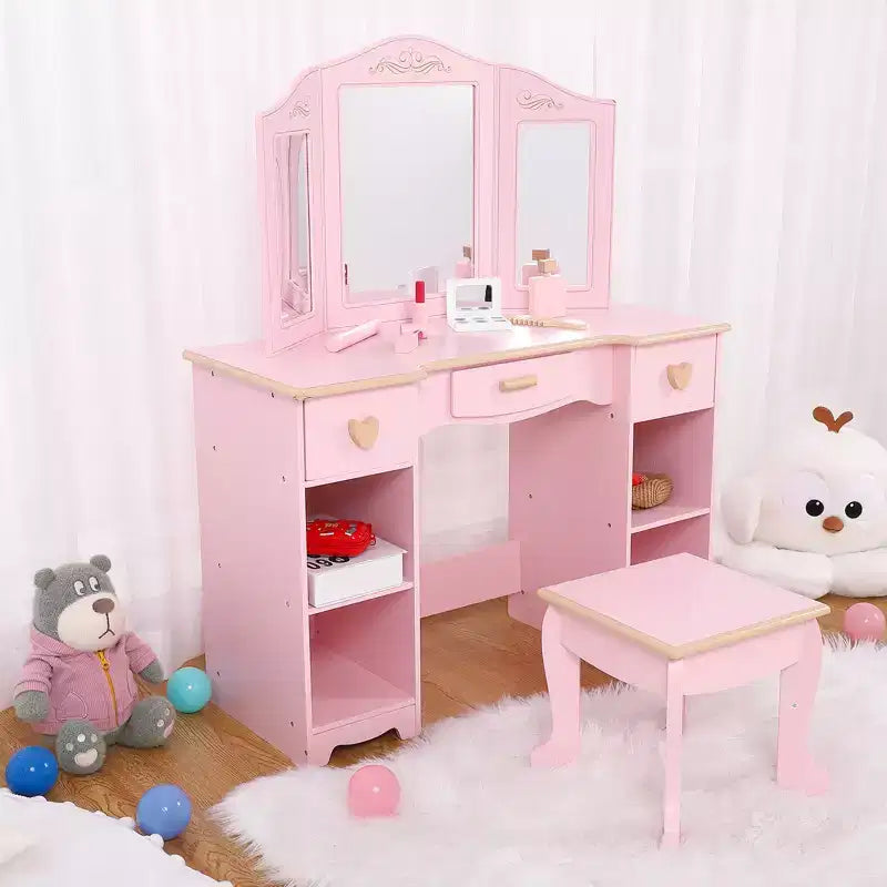 Wooden Makeup Vanity Set with 3 Drawers and Mirror, Suitable for Ages 3-9