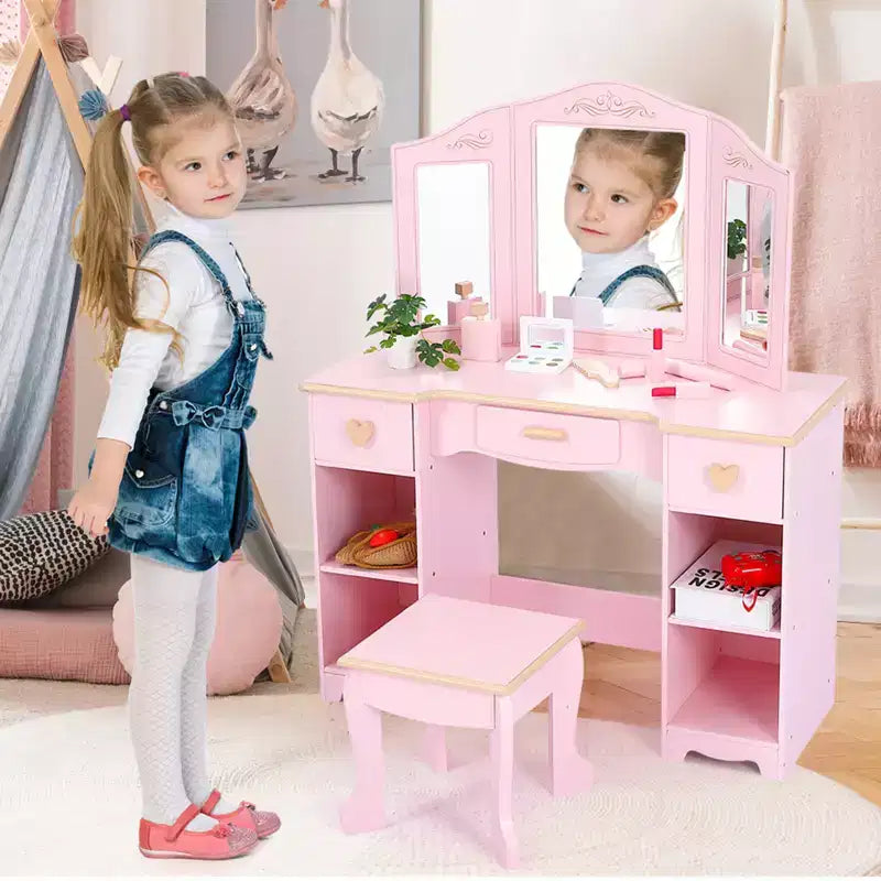 Wooden Makeup Vanity Set with 3 Drawers and Mirror, Suitable for Ages 3-9
