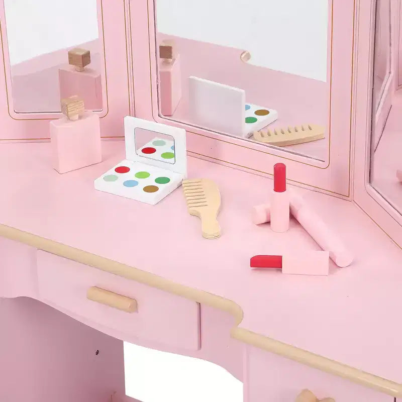 Wooden Makeup Vanity Set with 3 Drawers and Mirror, Suitable for Ages 3-9