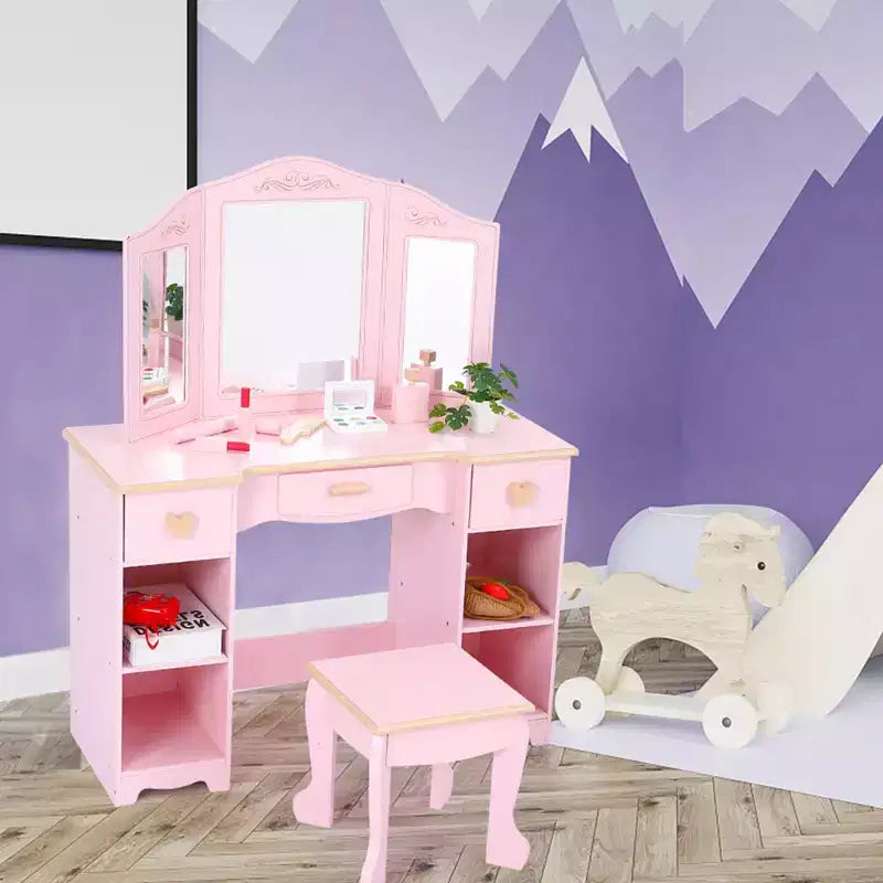 Wooden Makeup Vanity Set with 3 Drawers and Mirror, Suitable for Ages 3-9