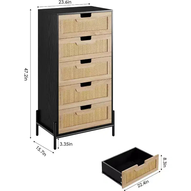 Commode 5 tiroirs en rotin naturel COZONY, commode en bois de style moderne de ferme avec pieds en métal massif, armoire de rangement pour chambre, entrée et salon