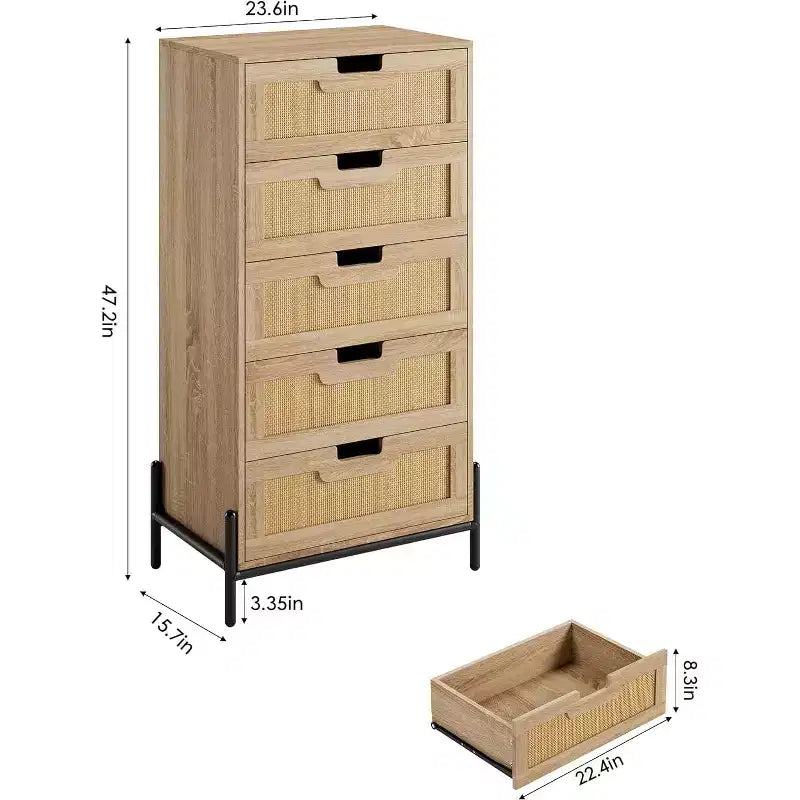 Commode 5 tiroirs en rotin naturel COZONY, commode en bois de style moderne de ferme avec pieds en métal massif, armoire de rangement pour chambre, entrée et salon