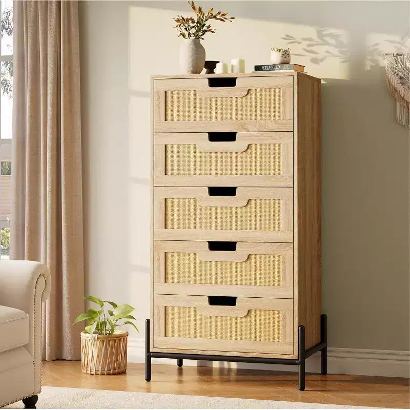 COZONY Natural Rattan 5-Drawer Dresser, Modern Farmhouse Wooden Chest with Solid Metal Legs, Bedroom, Entryway & Living Room Storage Cabinet