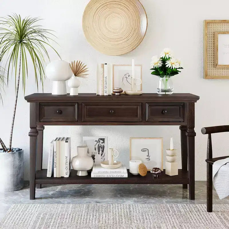 Console vintage avec rangement, Table d'entrée étroite avec tiroirs, Console de couloir de style campagnard avec étagère ouverte