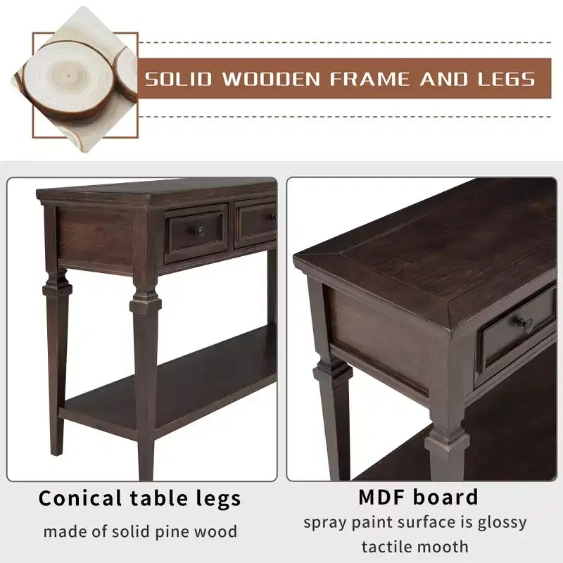 Console vintage avec rangement, Table d'entrée étroite avec tiroirs, Console de couloir de style campagnard avec étagère ouverte