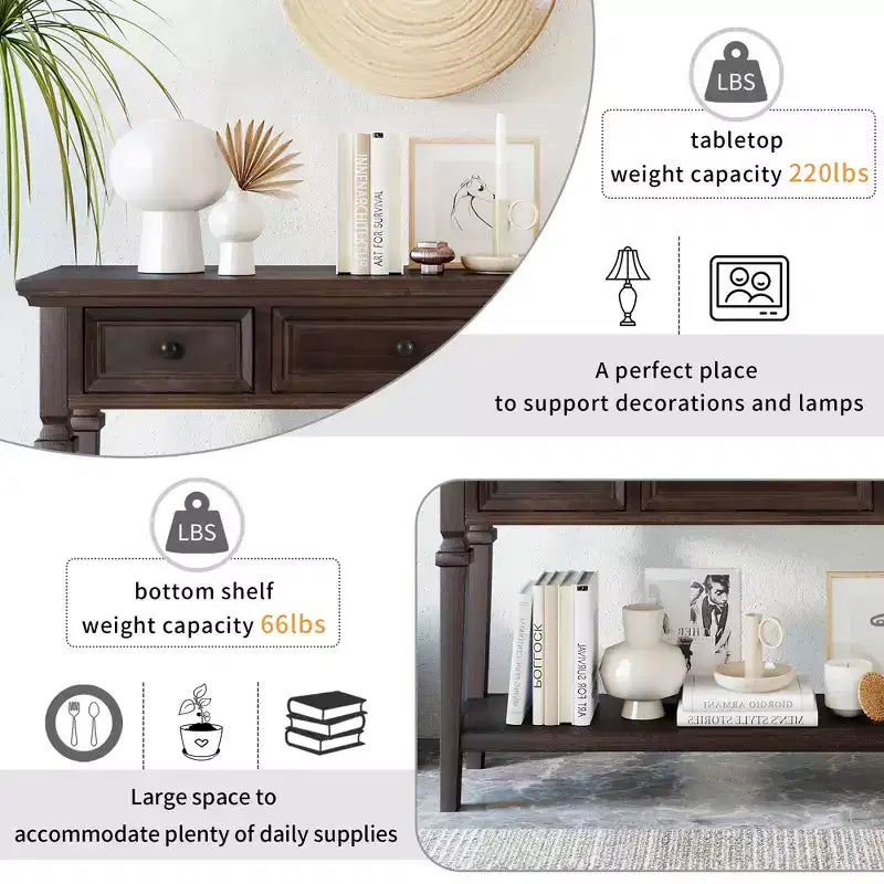 Console vintage avec rangement, Table d'entrée étroite avec tiroirs, Console de couloir de style campagnard avec étagère ouverte