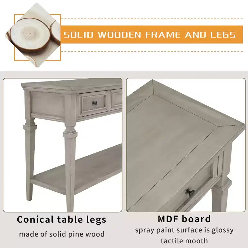Console vintage avec rangement, Table d'entrée étroite avec tiroirs, Console de couloir de style campagnard avec étagère ouverte