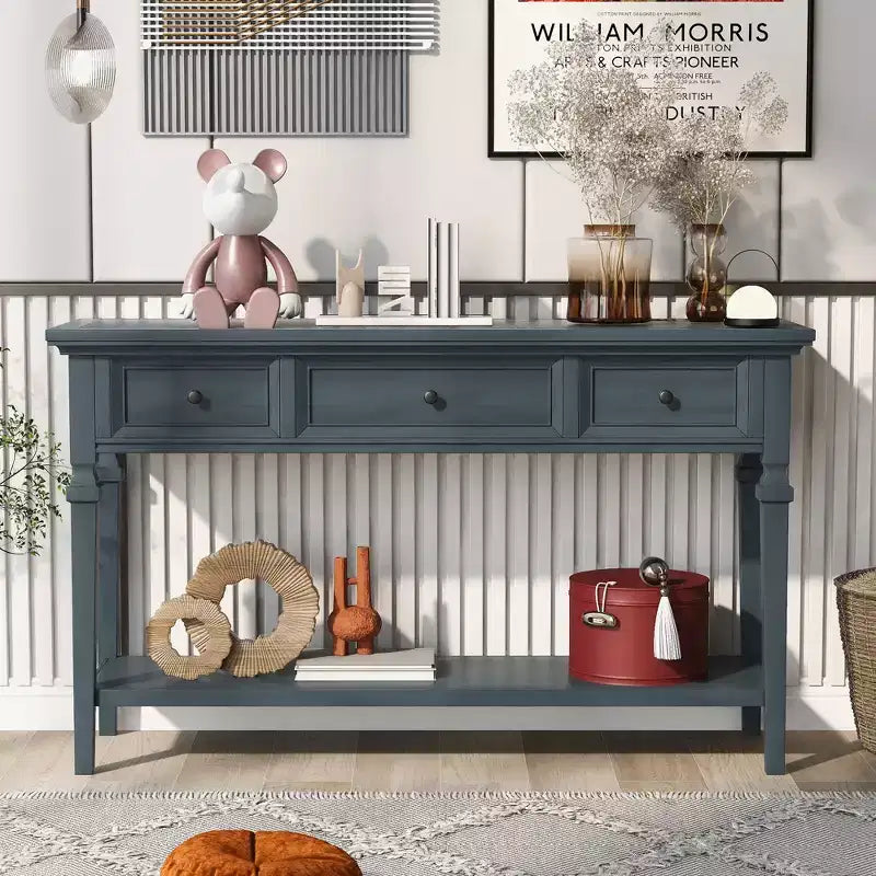 Console vintage avec rangement, Table d'entrée étroite avec tiroirs, Console de couloir de style campagnard avec étagère ouverte
