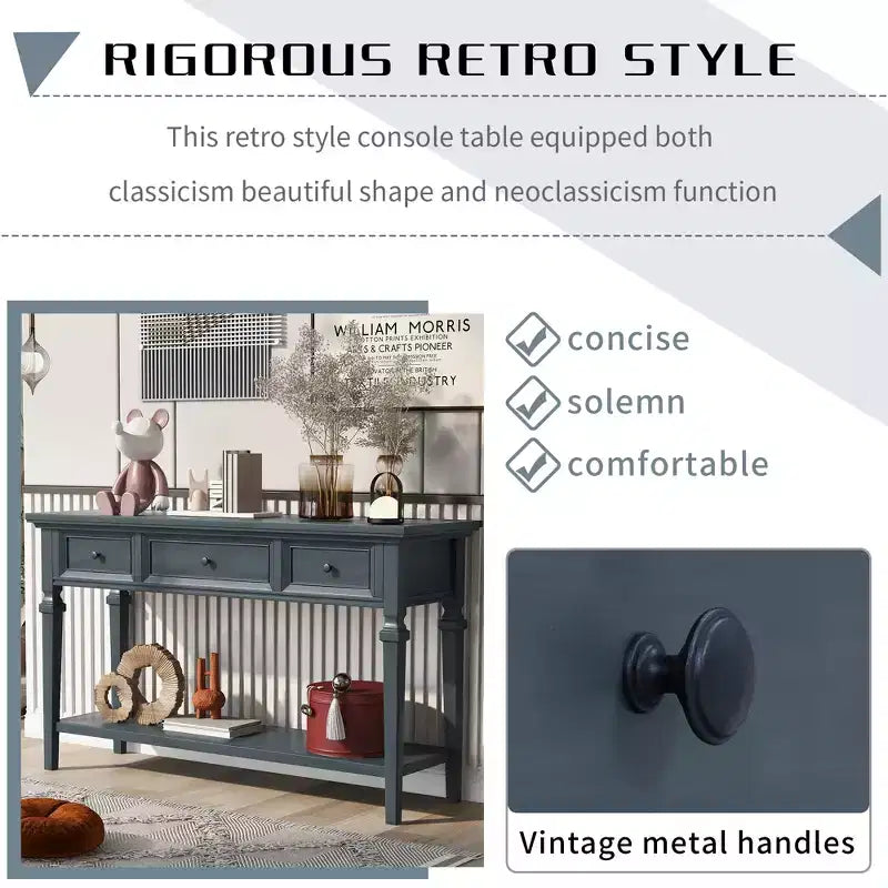 Console vintage avec rangement, Table d'entrée étroite avec tiroirs, Console de couloir de style campagnard avec étagère ouverte