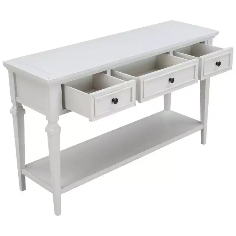 Console vintage avec rangement, Table d'entrée étroite avec tiroirs, Console de couloir de style campagnard avec étagère ouverte