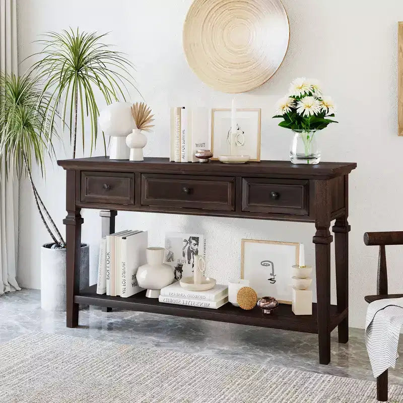 Vintage Console Table with Storage, Narrow Entryway Table with Drawers, Farmhouse Hallway Table with Open Shelf