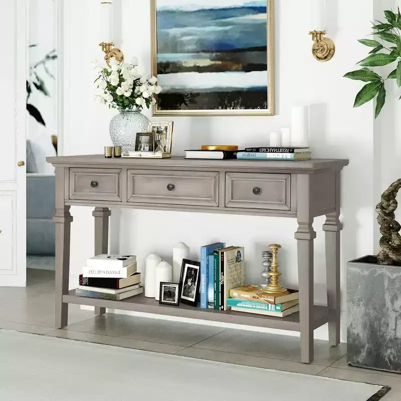 Vintage Console Table with Storage, Narrow Entryway Table with Drawers, Farmhouse Hallway Table with Open Shelf