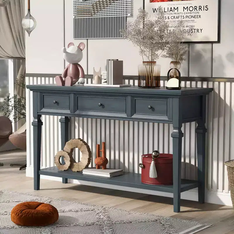 Vintage Console Table with Storage, Narrow Entryway Table with Drawers, Farmhouse Hallway Table with Open Shelf
