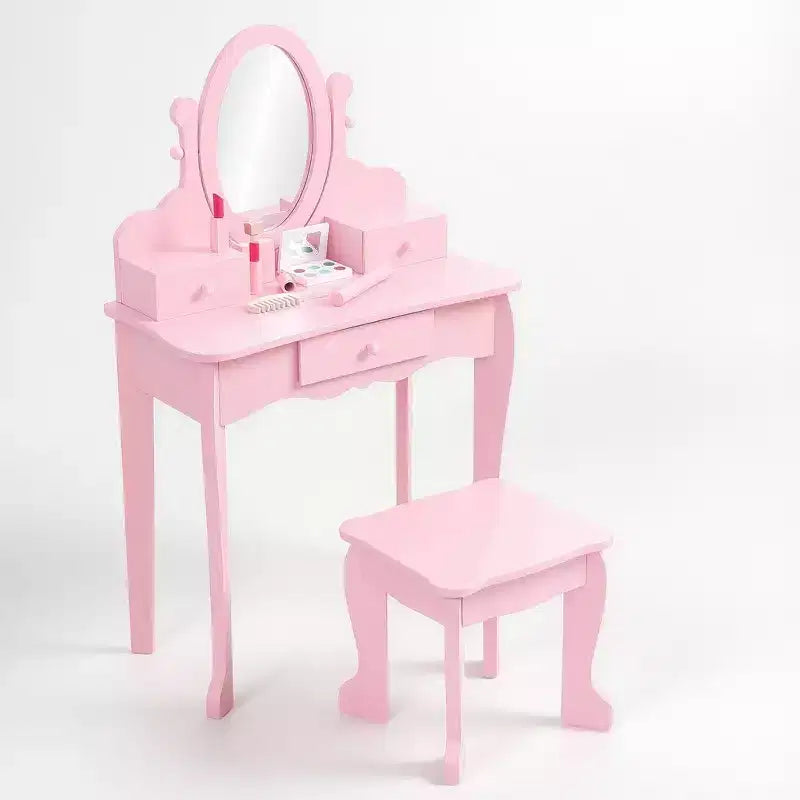 GustoWave Pink Kids Vanity Set  Girls Wooden Makeup Table with Adjustable Mirror & Stool, Dress-Up Playset for Ages 49