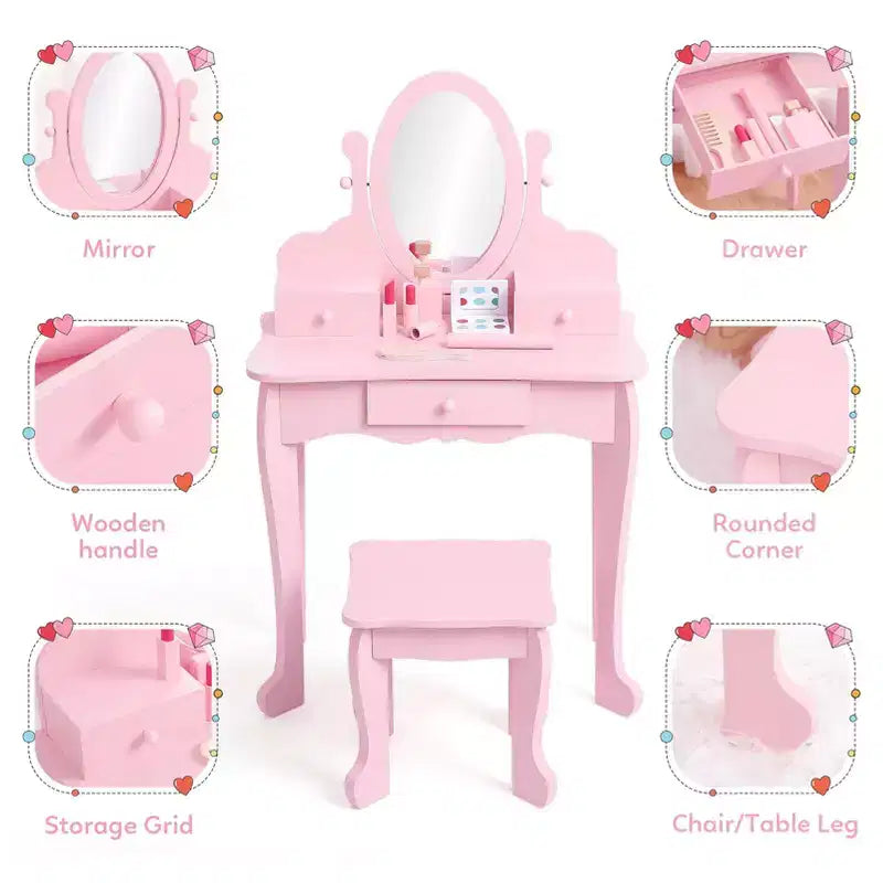 GustoWave Pink Kids Vanity Set  Girls Wooden Makeup Table with Adjustable Mirror & Stool, Dress-Up Playset for Ages 49