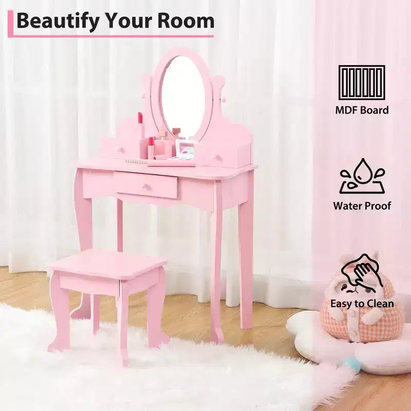 GustoWave Pink Kids Vanity Set  Girls Wooden Makeup Table with Adjustable Mirror & Stool, Dress-Up Playset for Ages 49