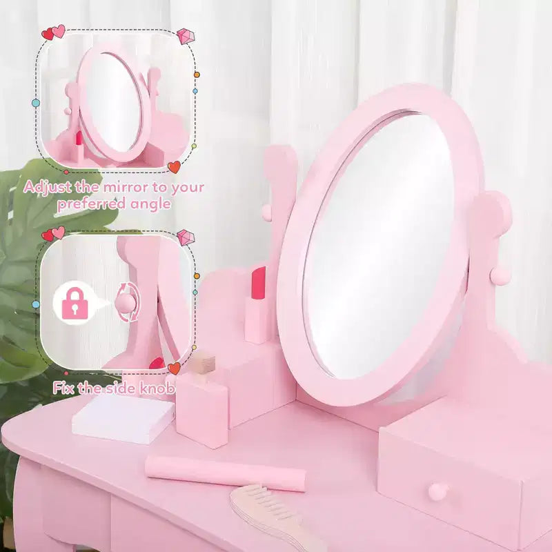 GustoWave Pink Kids Vanity Set  Girls Wooden Makeup Table with Adjustable Mirror & Stool, Dress-Up Playset for Ages 49