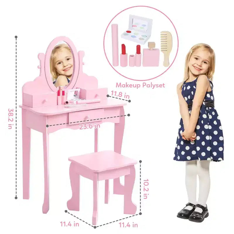 GustoWave Pink Kids Vanity Set  Girls Wooden Makeup Table with Adjustable Mirror & Stool, Dress-Up Playset for Ages 49