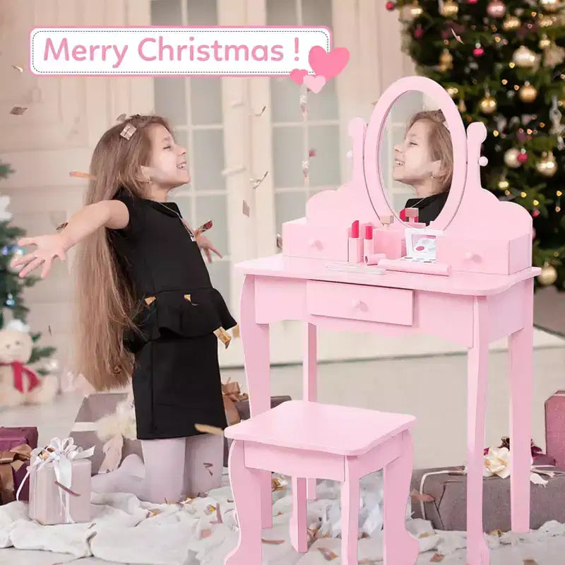 GustoWave Pink Kids Vanity Set  Girls Wooden Makeup Table with Adjustable Mirror & Stool, Dress-Up Playset for Ages 49