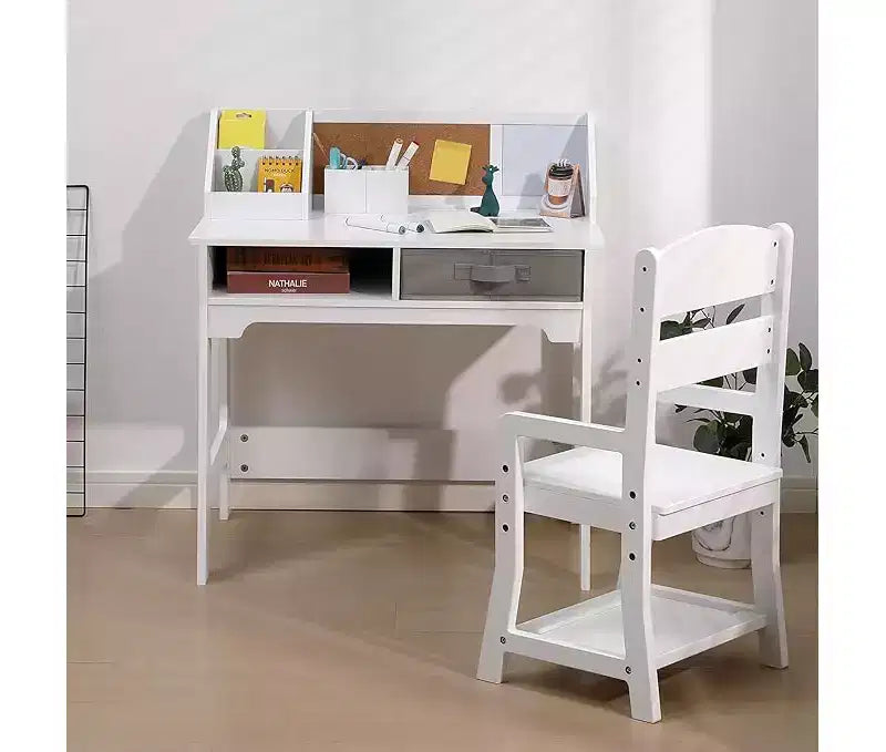 Kids Desk and Chair Set, Wooden Study Table with Storage Bins, Bookshelf, Bulletin Board, and Pen Holder, Writing Table for Boys and Girls