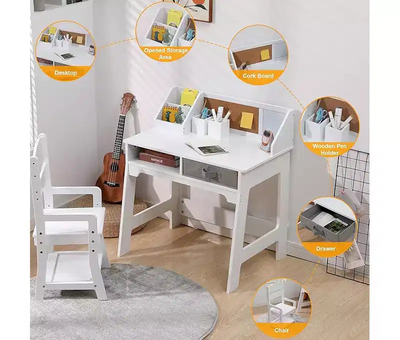 Kids Desk and Chair Set, Wooden Study Table with Storage Bins, Bookshelf, Bulletin Board, and Pen Holder, Writing Table for Boys and Girls